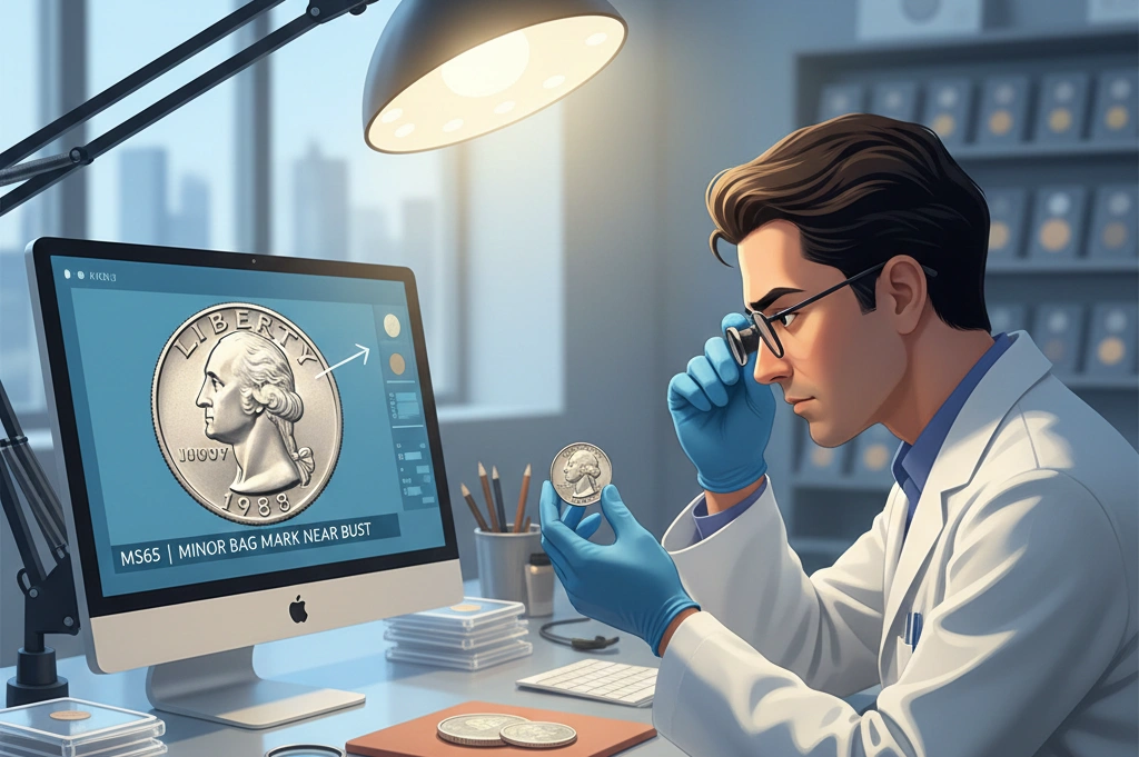 An illustrated coin grading scene featuring a 1988 quarter