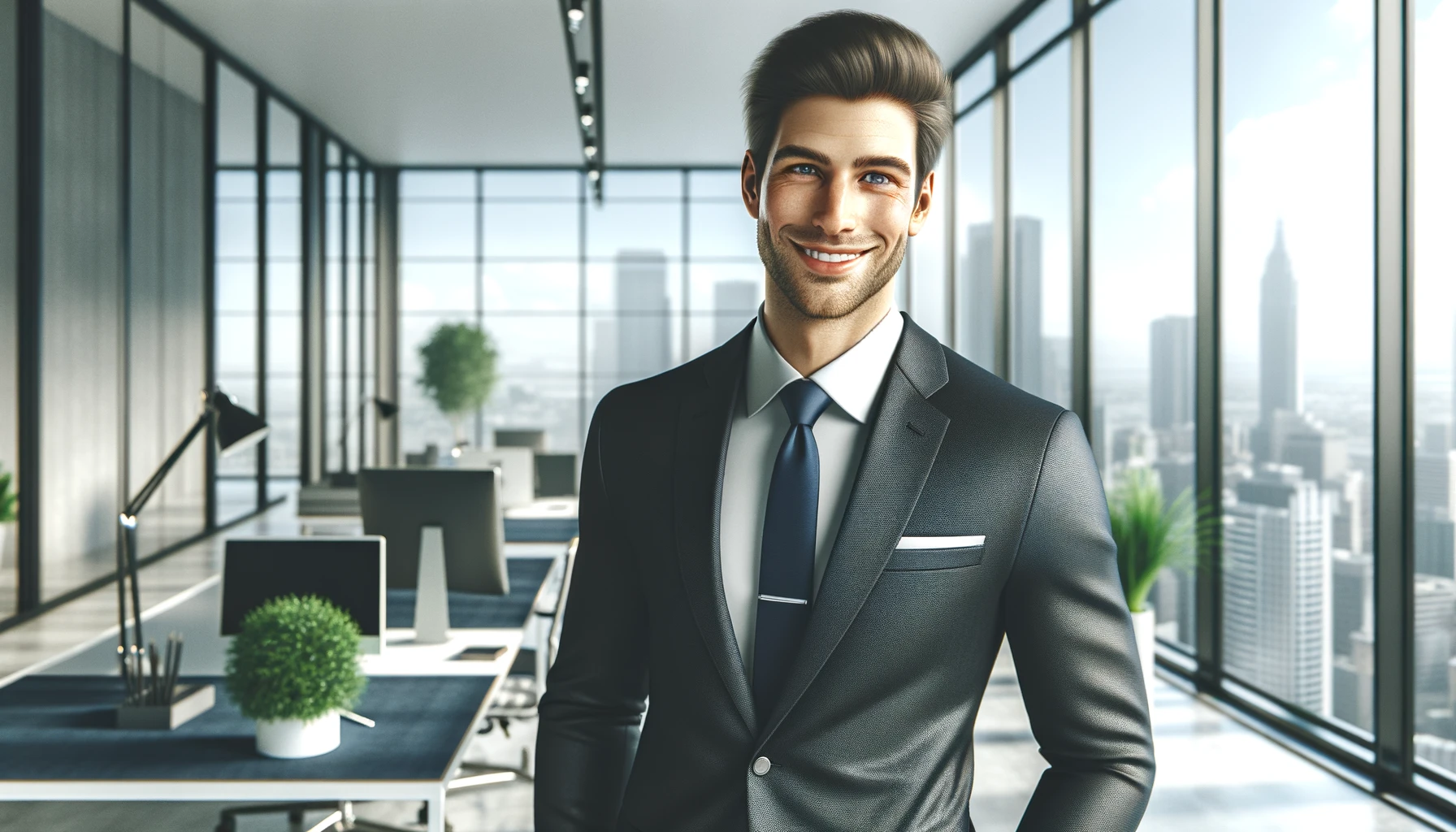a young man in a black suit stands in an office with large windows and several working desks.