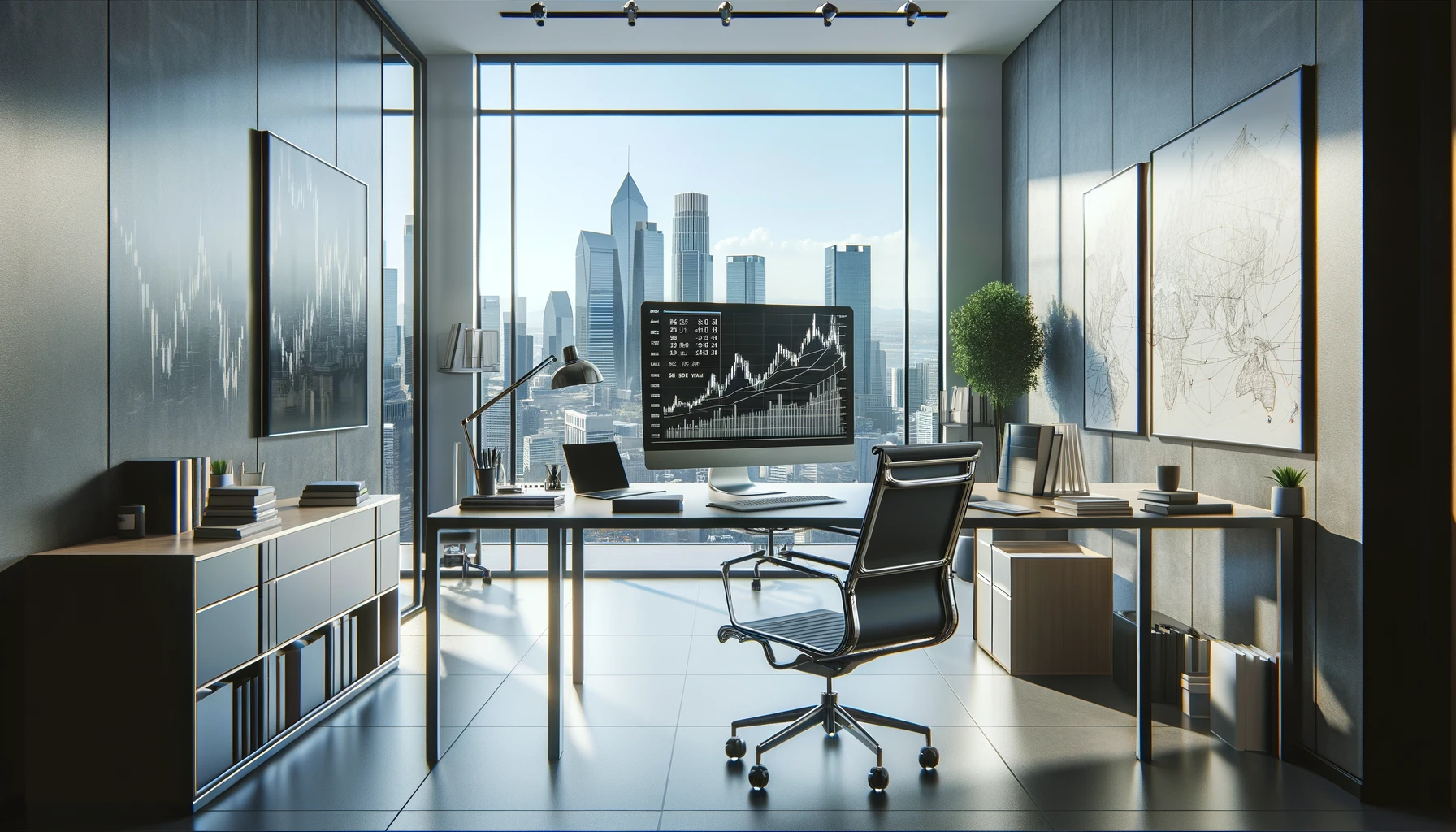 An office working place with a table, a chair, several pictures on walls and a computer with graphics on the screen. 