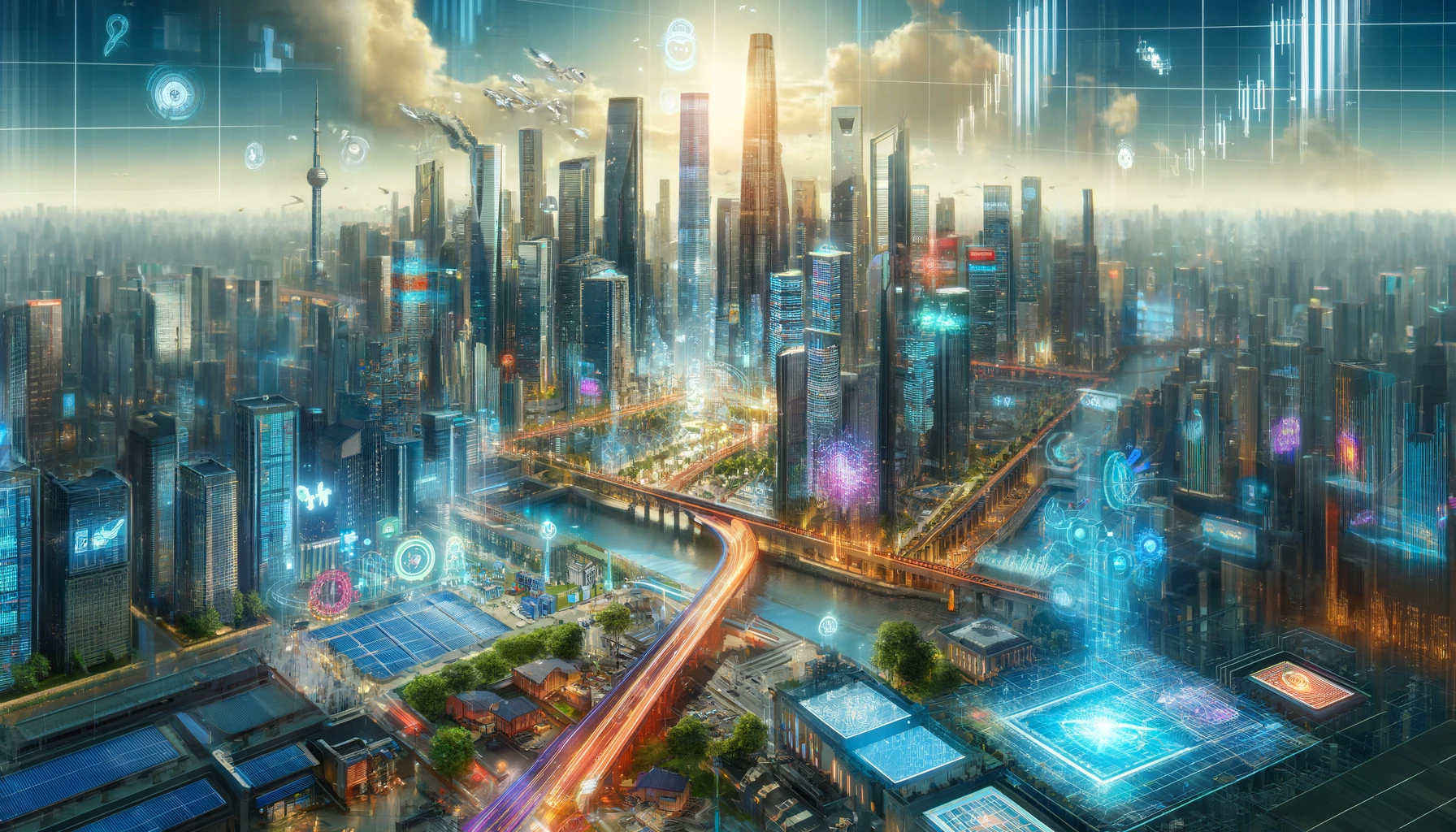 a futuristic cityscape, symbolizing the economic growth potential, demographic dividends, and technological leapfrogging in countries like China, India, and Brazil.