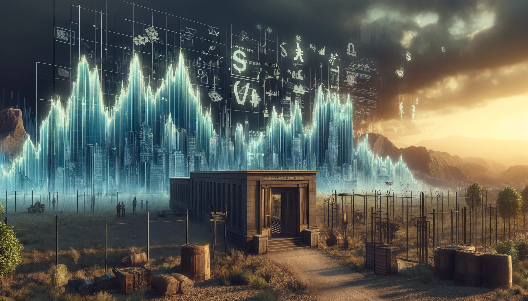 the surrealistic image of hurdles investors must navigate, including fluctuating stock markets, regulatory barriers, and the unpredictable nature of emerging market investments.