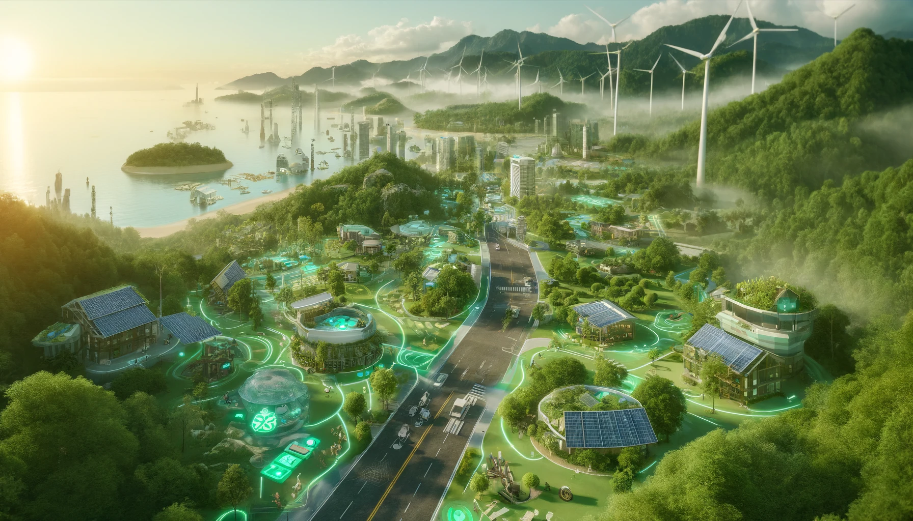 An imaginary view of a lush, eco-friendly smart tourism destination during the day, showcasing solar panels, wind turbines, and green roofs among the natural landscape. The integration of technology is subtle yet effective, with AR navigation signs floating above scenic spots and interactive environmental education stations dotted throughout.