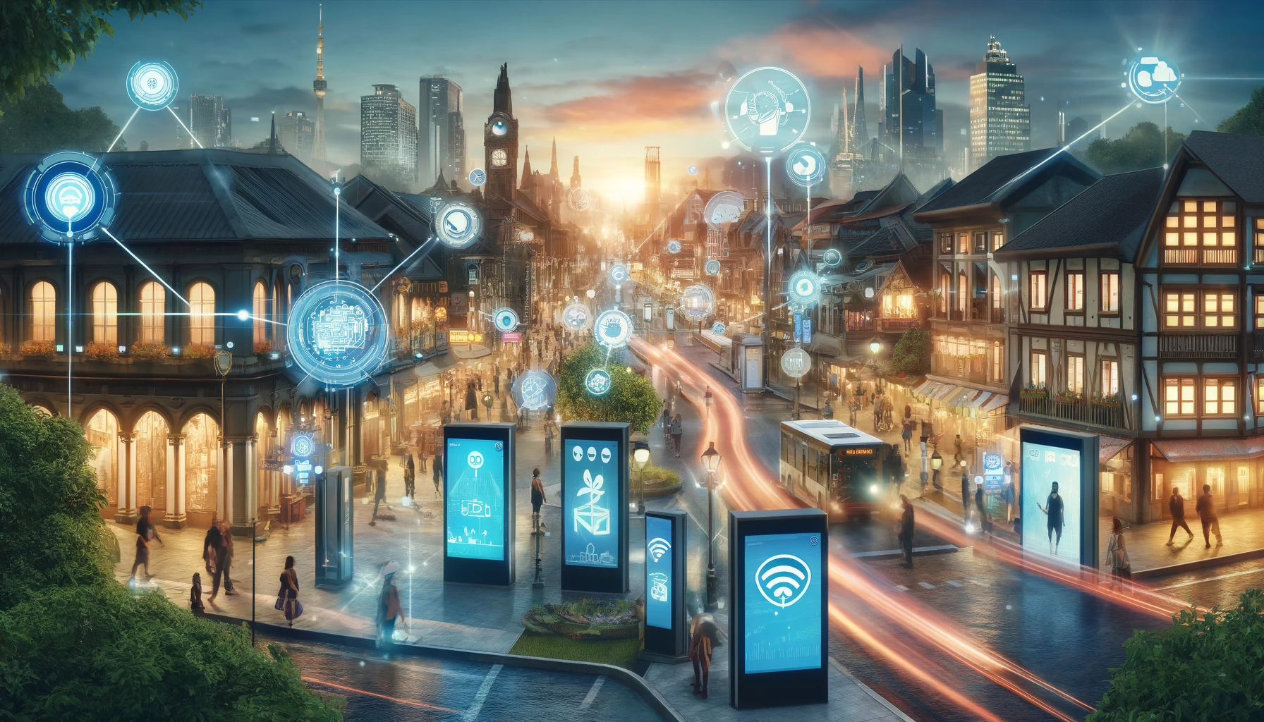 An imaginary bustling smart destination city at twilight, illuminated by interactive digital signage and augmented reality interfaces seamlessly integrated into the urban landscape. 
