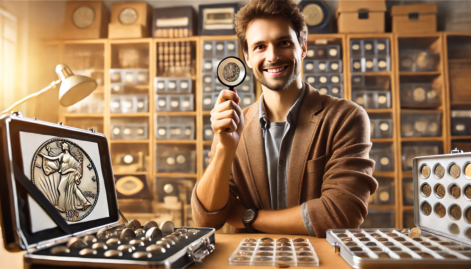 a smiling male coin collector, holding a magnifying glass. He is in a room filled with coin collections, shelves with protective coin cases, and coin reference books.