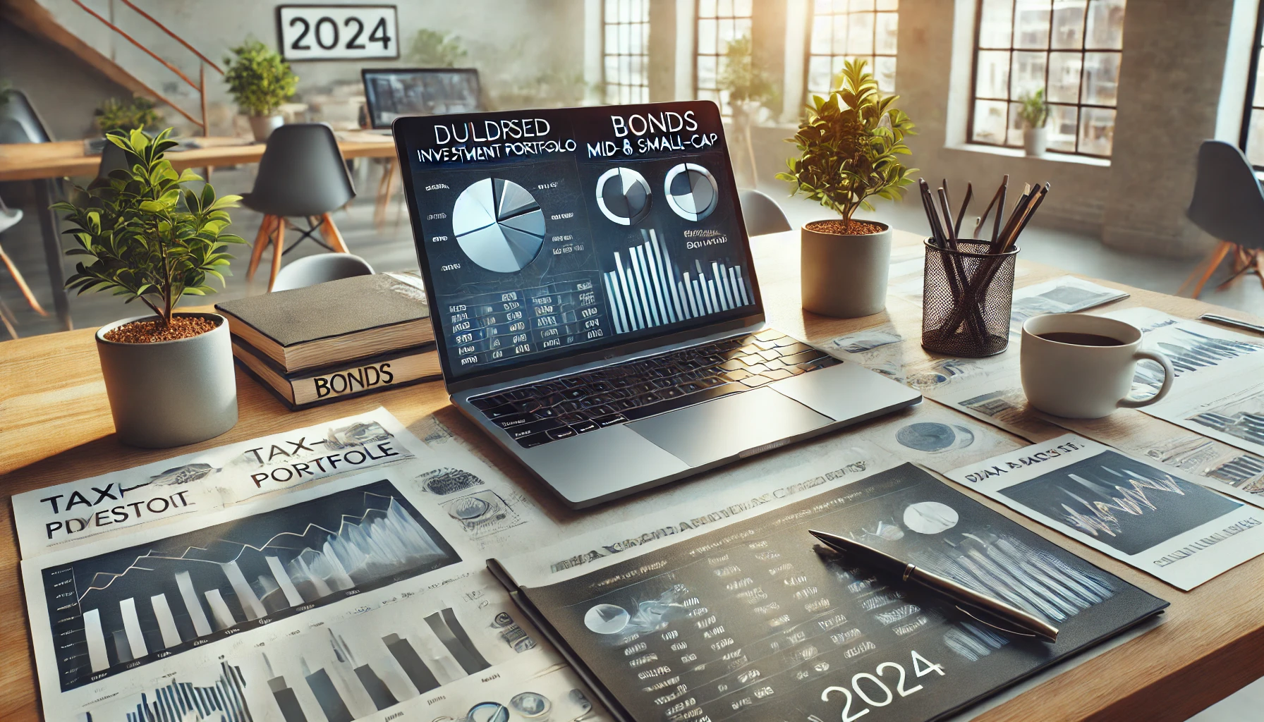 a modern workspace focused on building a diversified investment portfolio in 2024.