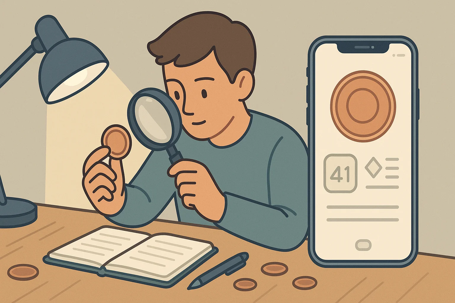 A student examines a coin under the lamp with an iPhone placed nearby.