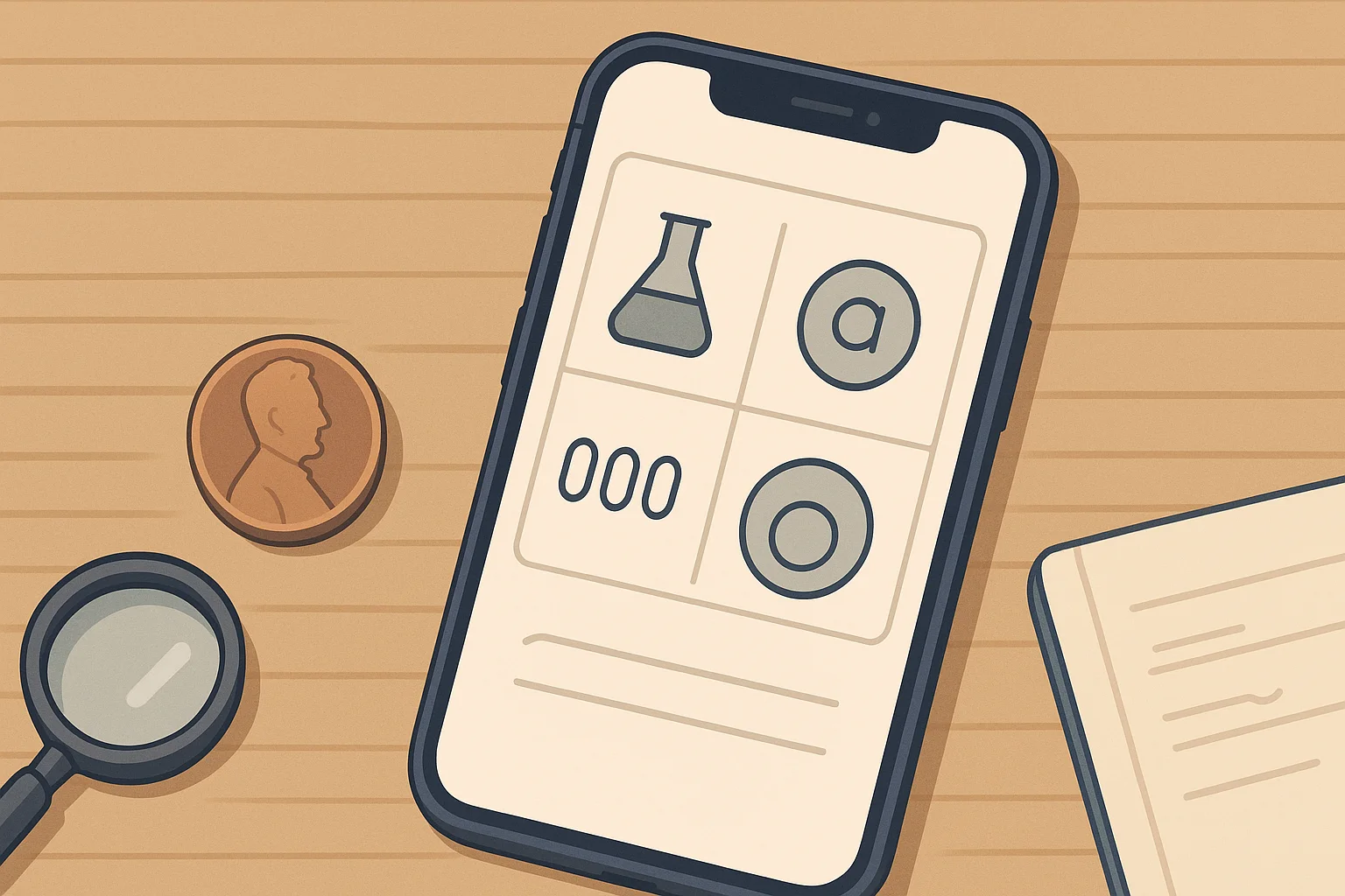 A coin is lying near the iPhone with a coin checking interface displayed.