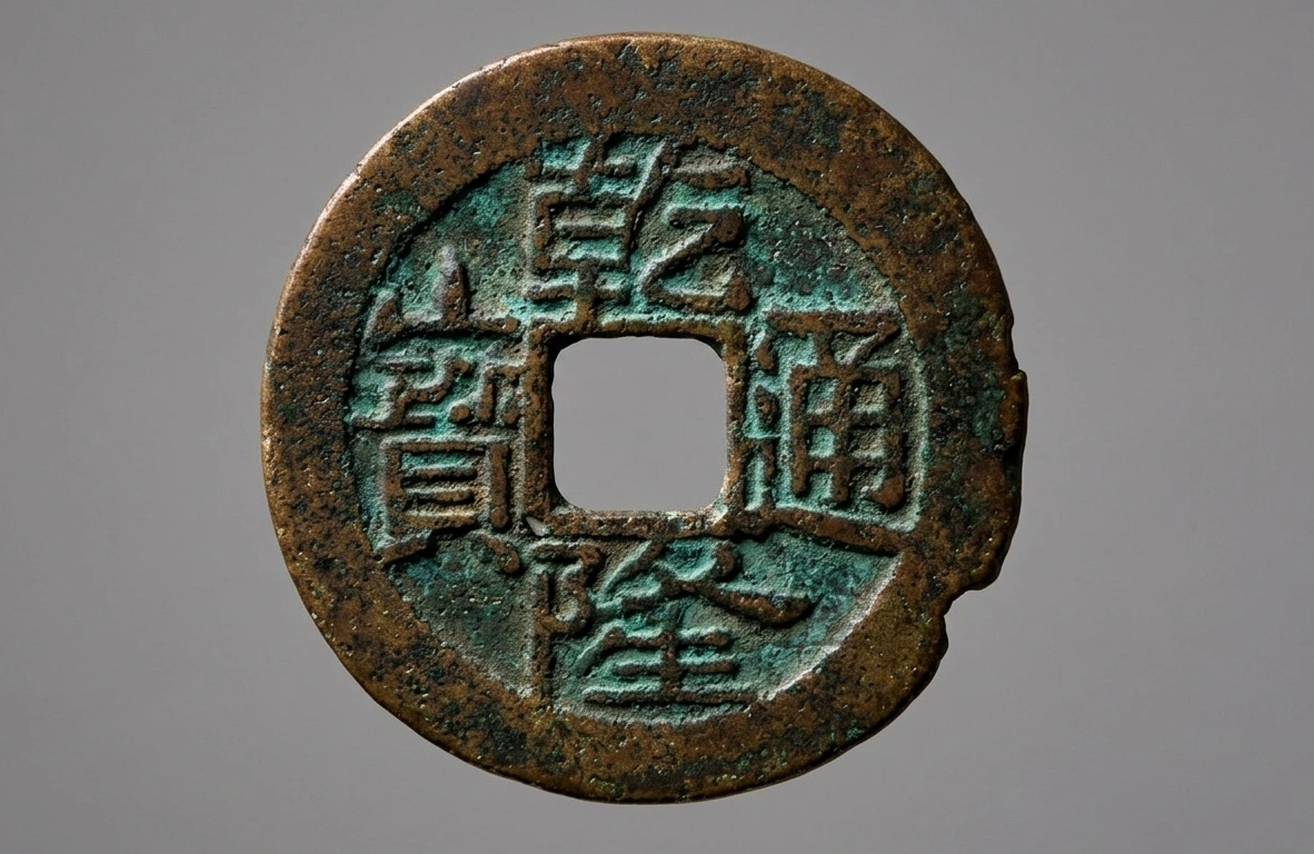 Macro shot of Chinese coin with hole